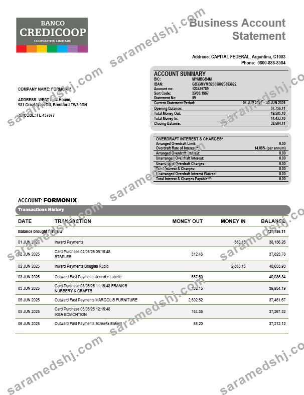 Banco Credicoop business bank statement Word and PDF format